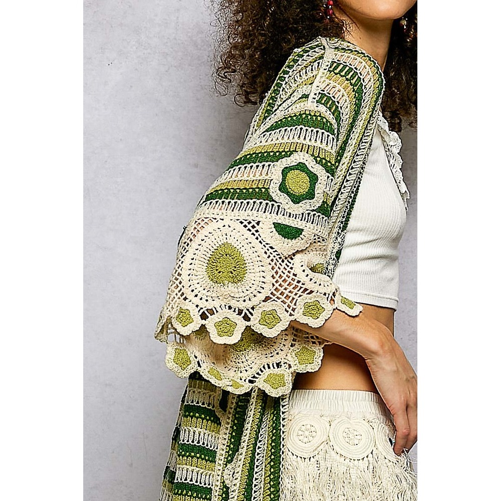POL Boho Crochet Longline Cardigan Duster Green Floral Heart Pattern ONE SIZE - Picture 7 of 8